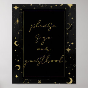 Black & Gold Celestial Moon Stars Wedding  Poster
