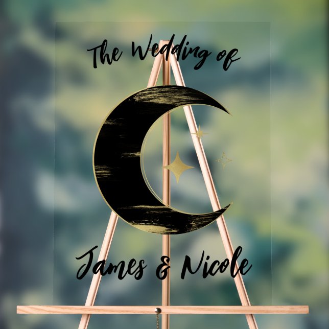 Black & Gold Celestial Moon Stars Wedding Welcome Acrylic Sign (Neutral)