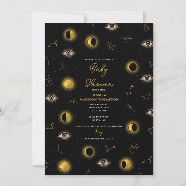 Black Gold Celestial Sun & Moon Baby Shower Invitation (Front)