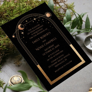 Black Gold Celestial Sun Moon Stars Photo Wedding Invitation