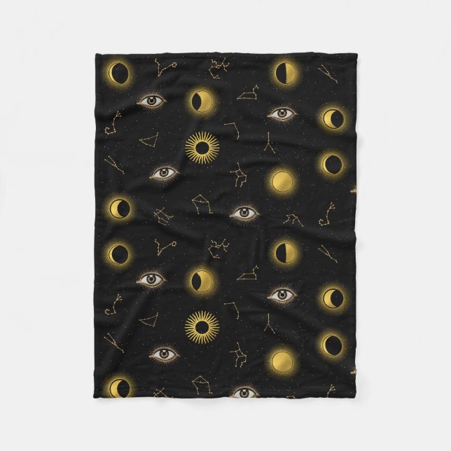 Black Gold Celestial Sun & Moon Zodiac Eye Fleece Blanket (Front)