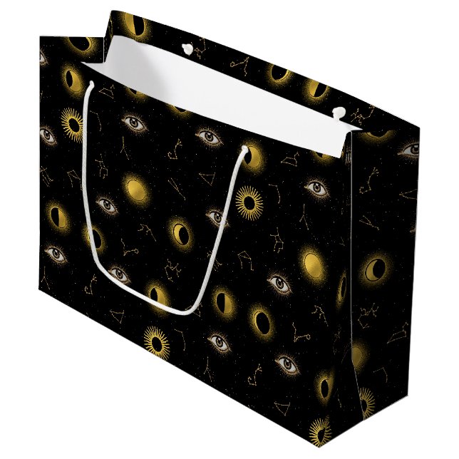 Black Gold Celestial Sun & Moon Zodiac Eye Large Gift Bag (Front Angled)