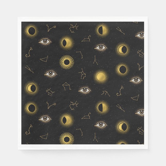 Black Gold Celestial Sun & Moon Zodiac Eye Napkin (Front)