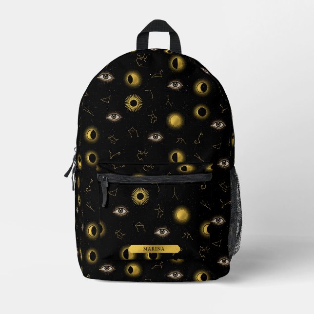 Black Gold Celestial Sun & Moon Zodiac Eye Printed Backpack (Front)