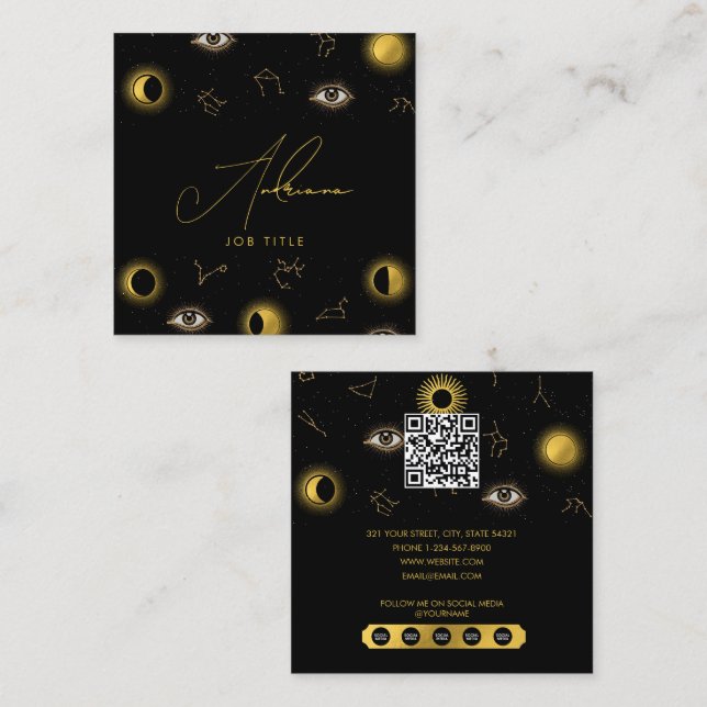 Black Gold Celestial Sun & Moon Zodiac Eye Square Business Card (Front/Back)