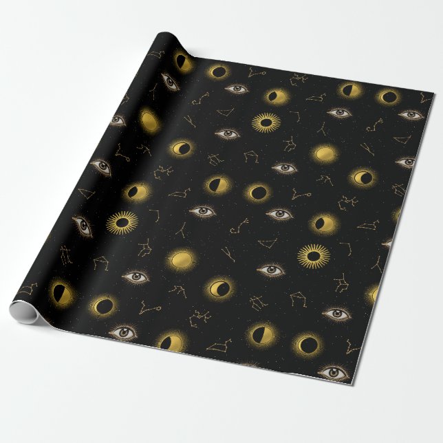 Black Gold Celestial Sun & Moon Zodiac Eye Wrapping Paper (Unrolled)
