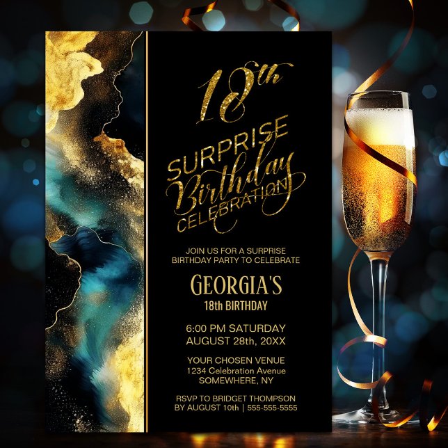 Black Gold Celestial Surprise 18th Birthday Party Invitation (Creator Uploaded)