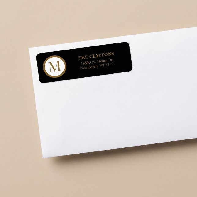Black & Gold Centre Seal Monogram Return Address Label (Creator Uploaded)
