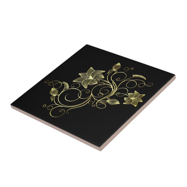 Black Gold Ceramic Tile with Flowers Choose Colour (Side)