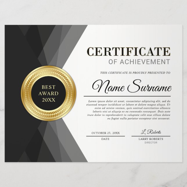 Black & Gold Certificate of Achievement Award (Front)