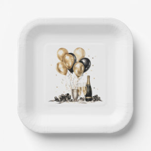 Black Gold Champagne Balloons Party Paper Plate