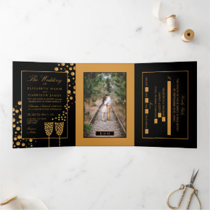 Black & Gold Champagne Bubbles, Wedding Suite Tri-Fold Invitation
