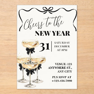 Black Gold Champagne Cheers New Years Eve Party Acrylic Invitations