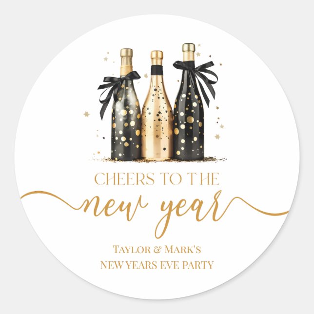Black Gold Champagne Cheers New Years Eve Party Classic Round Sticker (Front)