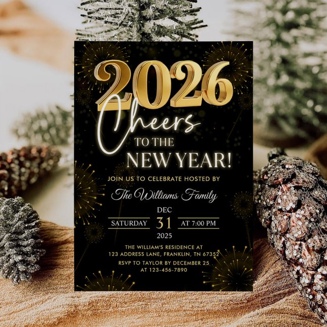 Black Gold Champagne Cheers New Years Eve Party Invitation (Creator Uploaded)