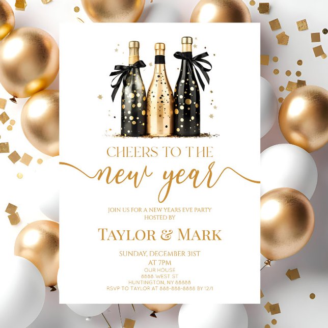 Black Gold Champagne Cheers New Years Eve Party Invitation (Creator Uploaded)