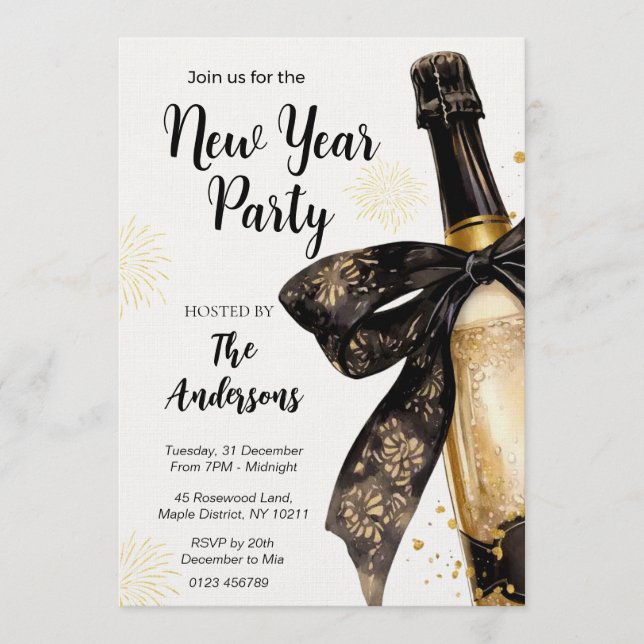 Black Gold Champagne Cheers New Years Eve Party Invitation (Front)