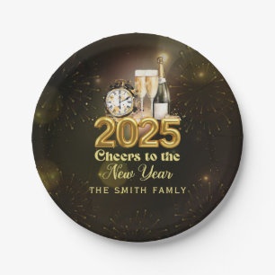 Black Gold Champagne Cheers New Years Eve Party Paper Plate