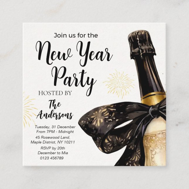 Black Gold Champagne Cheers New Years Eve Party Square Business Card (Front)