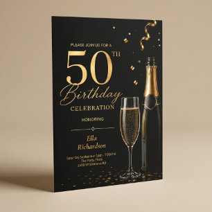 Black & Gold Champagne Glam Elegant 50th Birthday Invitation