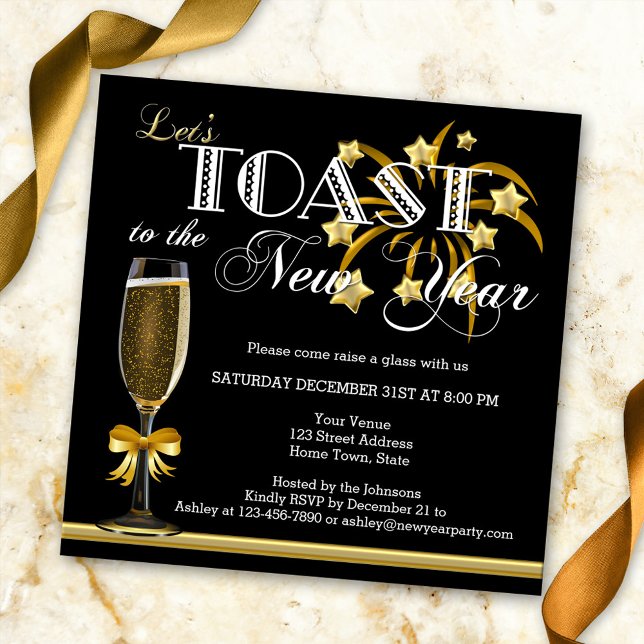 Black Gold Champagne New Years Eve Invitation (New Year's Eve party invitation in stylish black with gold champagne and fireworks)