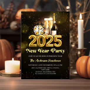 Black Gold Champagne New Year's Eve Party 2025 Invitation