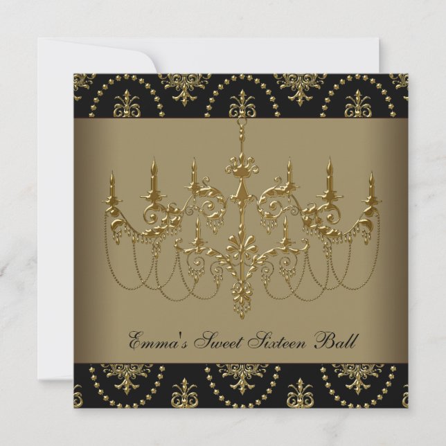 Black Gold Chandelier Sweet Sixteen Ball Invitation (Front)
