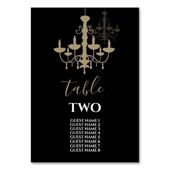 Black Gold Chandelier Wedding Guest Names Table Number (Front)