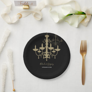 Black Gold Chandelier Wedding Paper Plate