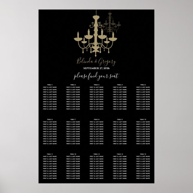 Black Gold Chandelier Wedding Seating Chart (Front)