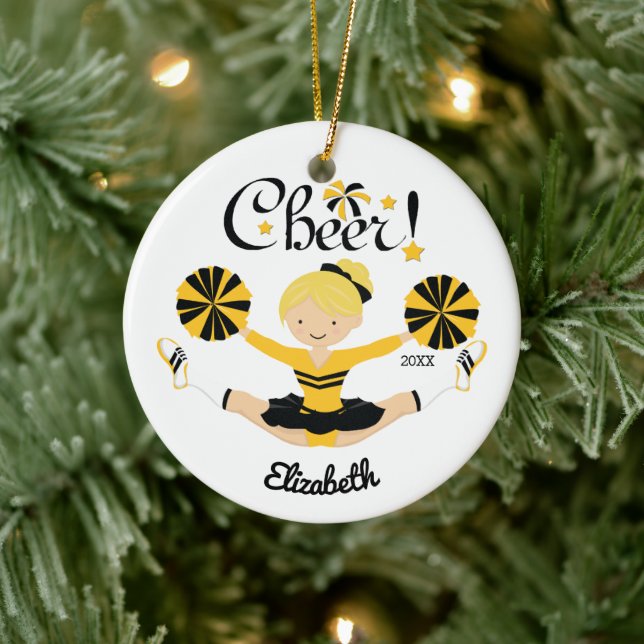 Black & Gold Cheer Blonde Cheerleader Ornament (Tree)