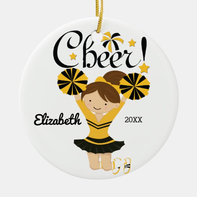 Black & Gold Cheer Brunette Cheerleader Ornament (Front)