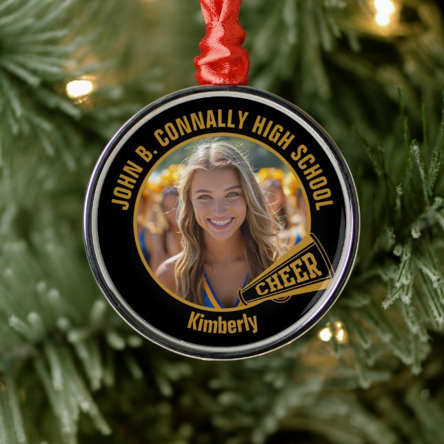 Black Gold Cheerleader Photo Christmas Metal Ornament (Tree)