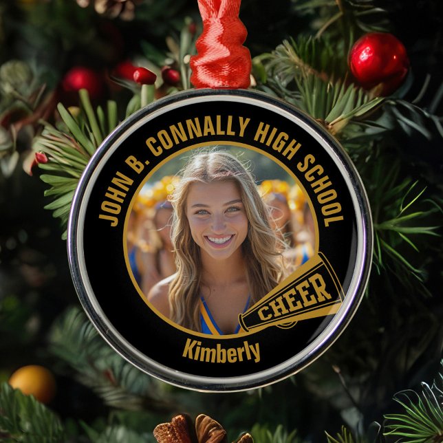 Black Gold Cheerleader Photo Christmas Metal Ornament (Creator Uploaded)