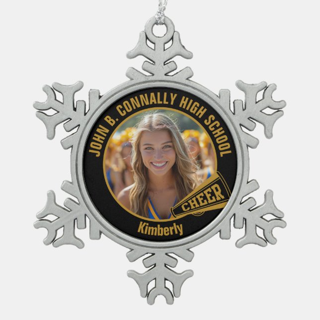 Black Gold Cheerleader Photo High School Snowflake Pewter Christmas Ornament (Front)