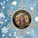 Black Gold Cheerleader Photo High School Snowflake Pewter Christmas Ornament<br><div class="desc">This cool customized high school cheerleader photo gift features your name on a black and gold snowflake shaped Christmas ornament with a CHEER megaphone. Personalize with your student's photograph and class year as a proud cheerleading parent. A great gift for a mom or dad.</div>