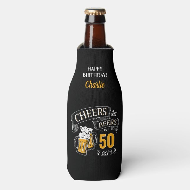 Black Gold Cheers And Beers Any Age Birthday Bottle Cooler (Bottle Front)