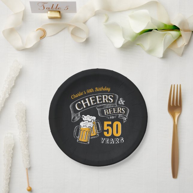 Black Gold Cheers And Beers Any Age Birthday Paper Plate (Wedding)
