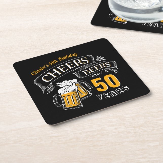Black Gold Cheers And Beers Any Age Birthday Square Paper Coaster (Angled)