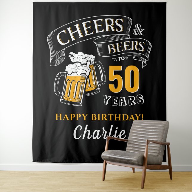 Black Gold Cheers And Beers Any Age Birthday Tapestry (In Situ)