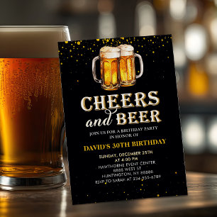 Black Gold Cheers and Beers Birthday Invitation