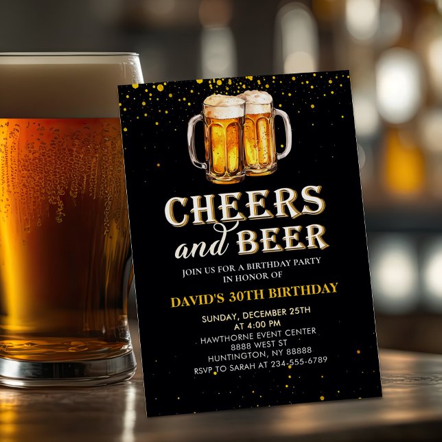Black Gold Cheers and Beers Birthday Invitation (Creator Uploaded)