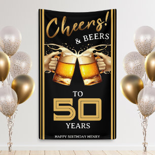 Black & Gold Cheers & Beers 50 Years 50th Birthday Banner