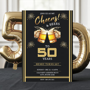 Black & Gold Cheers & Beers 50 Years 50th Birthday Invitation