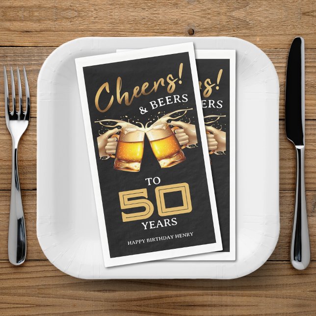 Black & Gold Cheers & Beers 50 Years 50th Birthday Napkin (Black & Gold Cheers & Beers 50 Years 50th Birthday Paper Guest Towels)