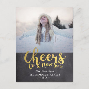 Black & Gold Cheers New Year Script Greeting Photo Holiday Postcard