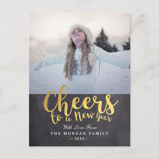 Black & Gold Cheers New Year Script Greeting Photo Holiday Postcard (Front)