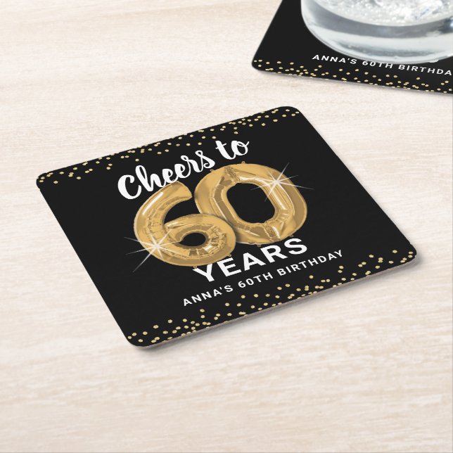 Black Gold Cheers to 60 Years Birthday Square Paper Coaster (Angled)