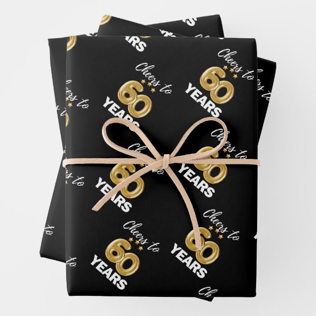 Black Gold Cheers to 60 Years Birthday Wrapping Paper Sheet (In situ)
