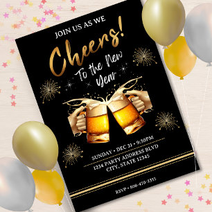 Black & Gold Cheers to New Years Eve Party 2024 Invitation